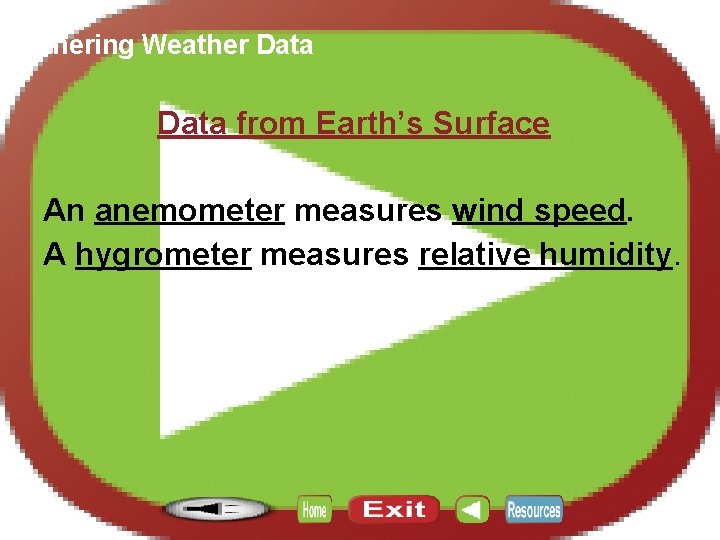 Section 12. 3 Gathering Weather Data from Earth’s Surface An anemometer measures wind speed.