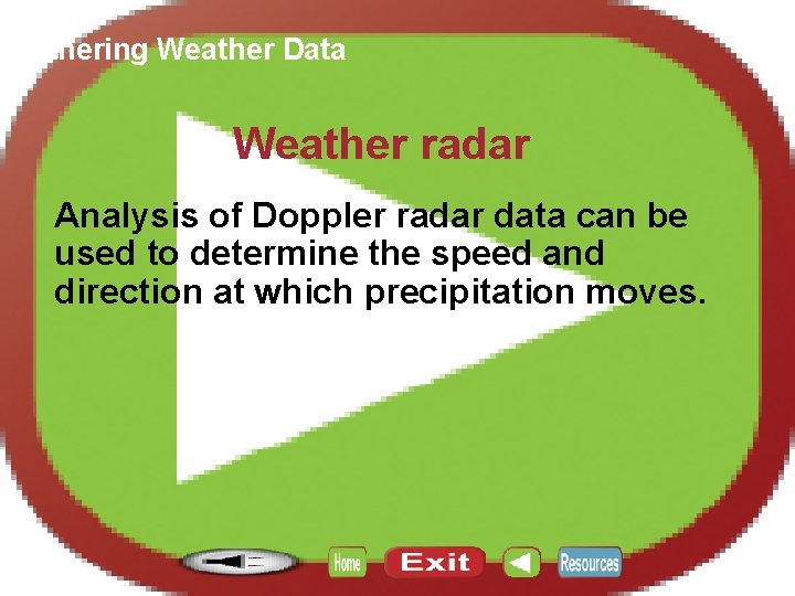 Section 12. 3 Gathering Weather Data Weather radar Analysis of Doppler radar data can