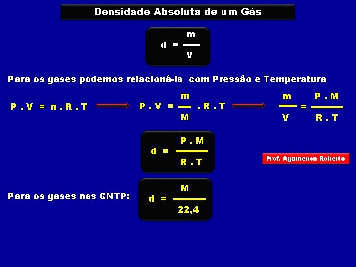 Densidade Absoluta de um Gás d = m V Para os gases podemos relacioná-la