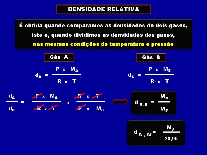 DENSIDADE RELATIVA É obtida quando comparamos as densidades de dois gases, isto é, quando