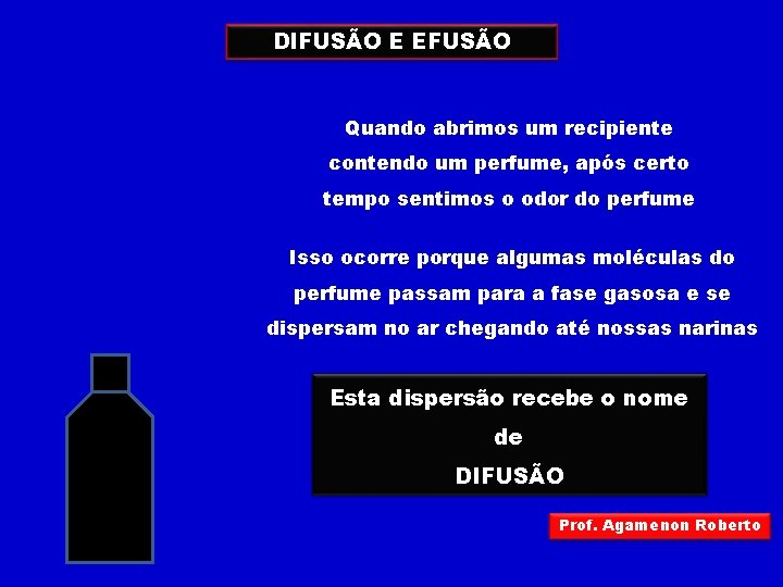 DIFUSÃO E EFUSÃO Quando abrimos um recipiente contendo um perfume, após certo tempo sentimos