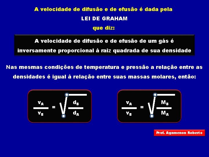 A velocidade de difusão e de efusão é dada pela LEI DE GRAHAM que A velocidade de difusão e de efusão é dada pela LEI DE GRAHAM que