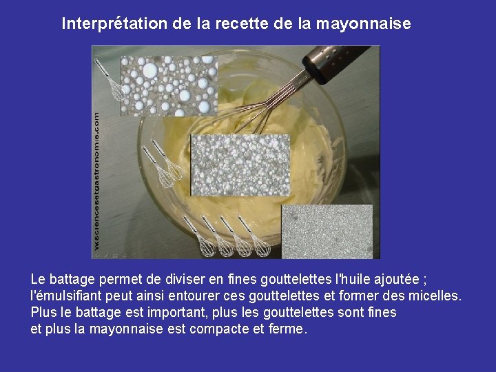 Interprétation de la recette de la mayonnaise Le battage permet de diviser en fines