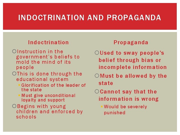 INDOCTRINATION AND PROPAGANDA Indoctrination Propaganda Instruction in the government’s beliefs to mold the mind