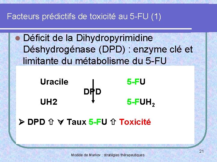 Facteurs prédictifs de toxicité au 5 -FU (1) l Déficit de la Dihydropyrimidine Déshydrogénase