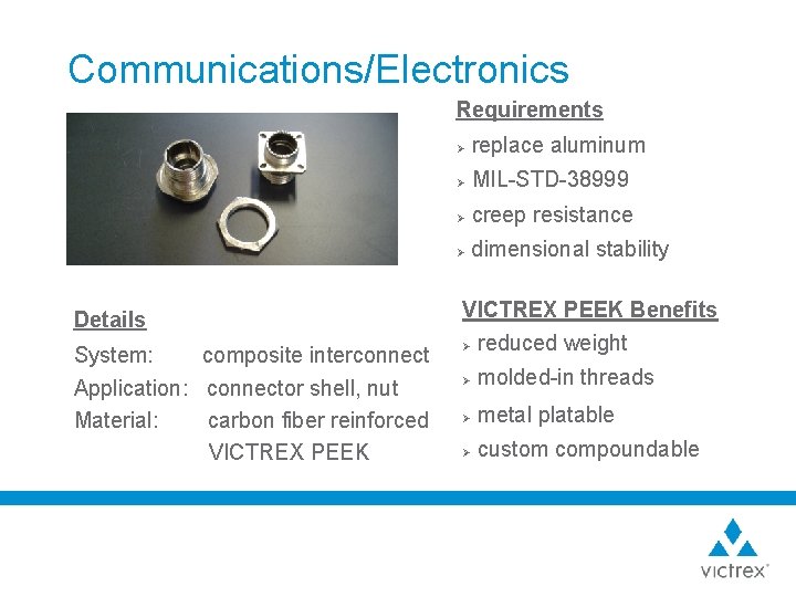 Communications/Electronics Requirements Details System: composite interconnect Application: connector shell, nut Material: carbon fiber reinforced