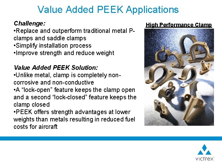 Value Added PEEK Applications Challenge: • Replace and outperform traditional metal Pclamps and saddle