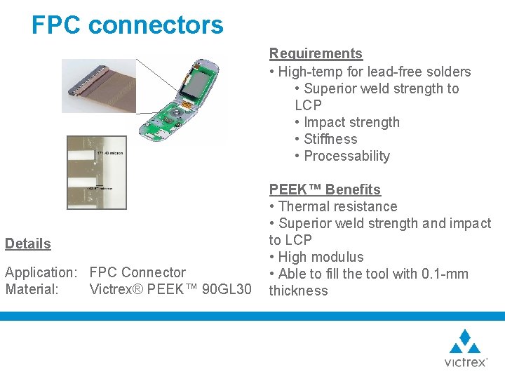FPC connectors Requirements • High-temp for lead-free solders • Superior weld strength to LCP