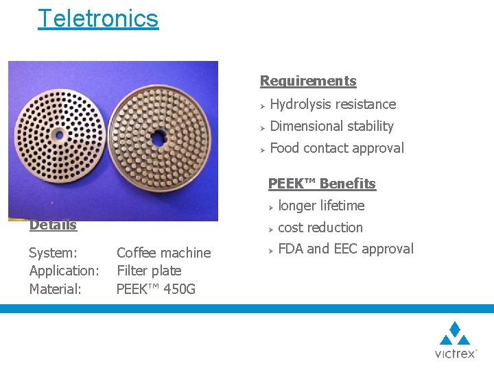 Teletronics Requirements Ø Hydrolysis resistance Ø Dimensional stability Ø Food contact approval PEEK™ Benefits