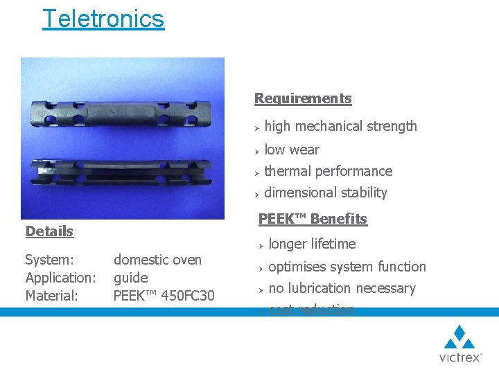 Teletronics Requirements high mechanical strength Ø low wear Ø thermal performance Ø dimensional stability