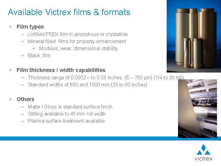 Available Victrex films & formats • Film types – Unfilled PEEK film in amorphous