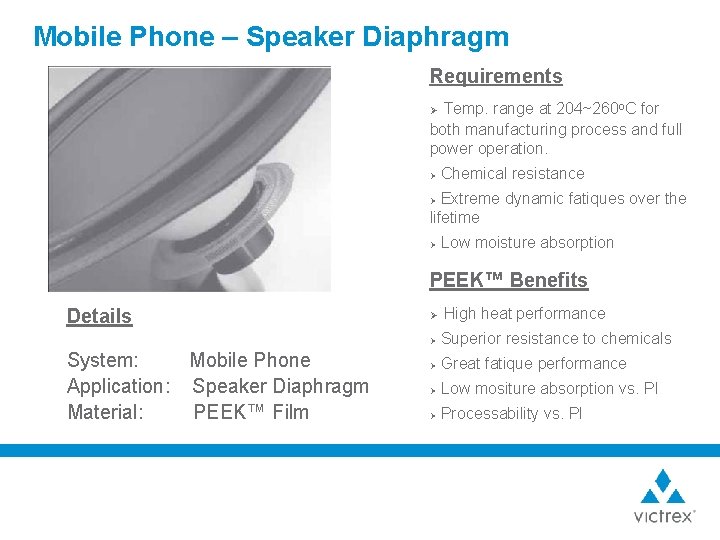 Mobile Phone – Speaker Diaphragm Requirements Temp. range at 204~260 o. C for both
