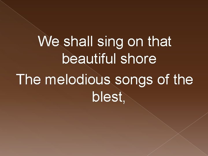 We shall sing on that beautiful shore The melodious songs of the blest, 