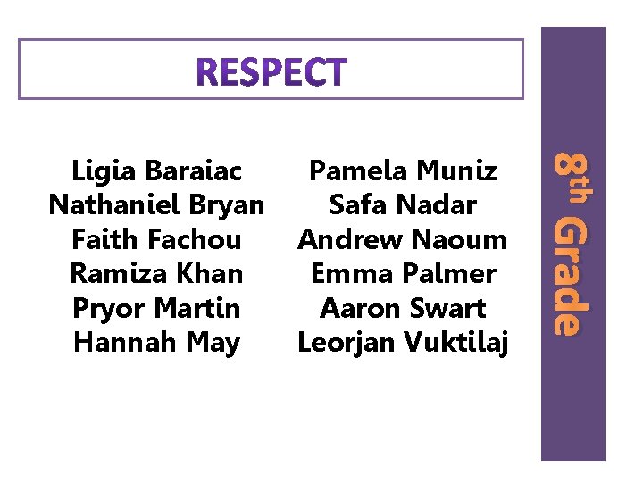 Pamela Muniz Safa Nadar Andrew Naoum Emma Palmer Aaron Swart Leorjan Vuktilaj 8 th Pamela Muniz Safa Nadar Andrew Naoum Emma Palmer Aaron Swart Leorjan Vuktilaj 8 th