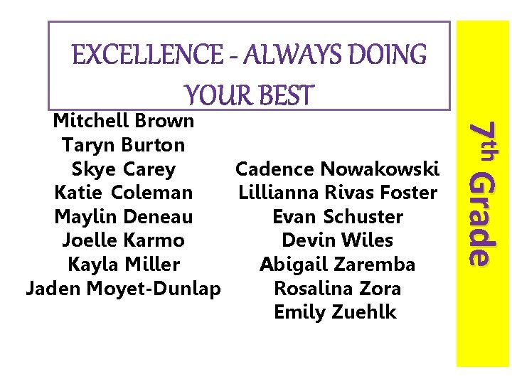 7 th Grade Mitchell Brown Taryn Burton Skye Carey Cadence Nowakowski Katie Coleman Lillianna 7 th Grade Mitchell Brown Taryn Burton Skye Carey Cadence Nowakowski Katie Coleman Lillianna