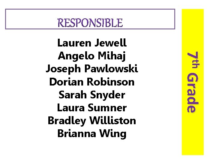 7 th Grade Lauren Jewell Angelo Mihaj Joseph Pawlowski Dorian Robinson Sarah Snyder Laura 7 th Grade Lauren Jewell Angelo Mihaj Joseph Pawlowski Dorian Robinson Sarah Snyder Laura