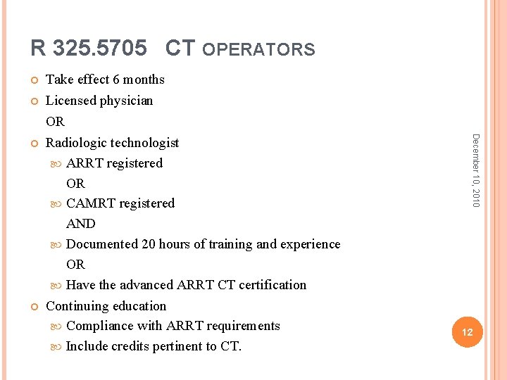 R 325. 5705 CT OPERATORS December 10, 2010 Take effect 6 months Licensed physician R 325. 5705 CT OPERATORS December 10, 2010 Take effect 6 months Licensed physician