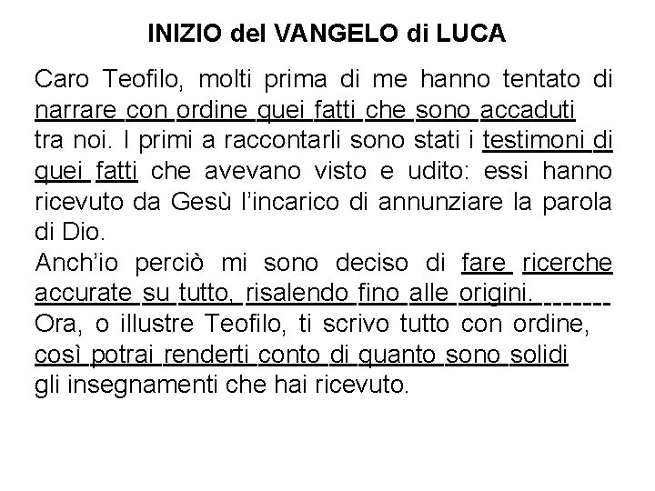 INIZIO del VANGELO di LUCA Caro Teofilo, molti prima di me hanno tentato di