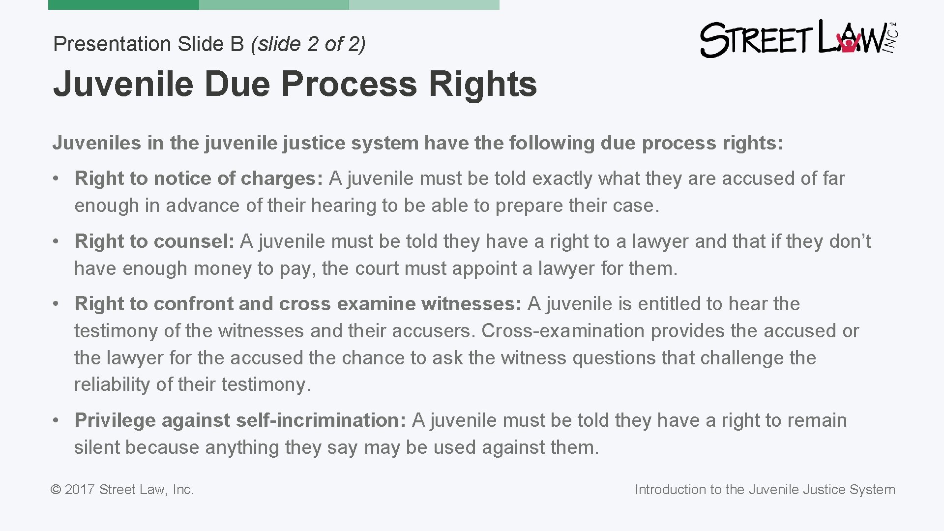 Presentation Slide B (slide 2 of 2) Juvenile Due Process Rights Juveniles in the