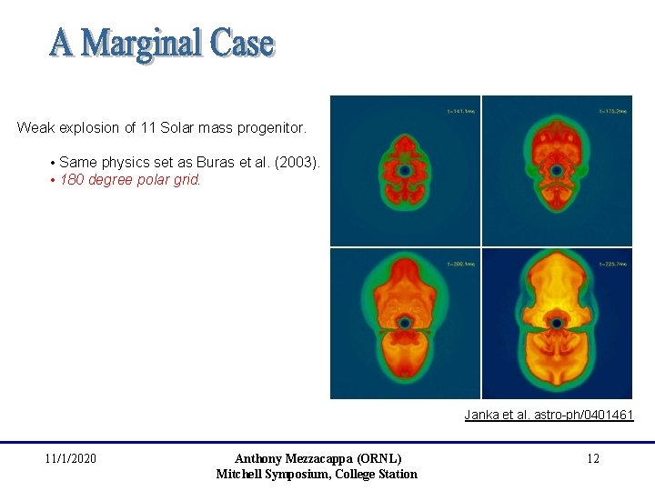Weak explosion of 11 Solar mass progenitor. • Same physics set as Buras et