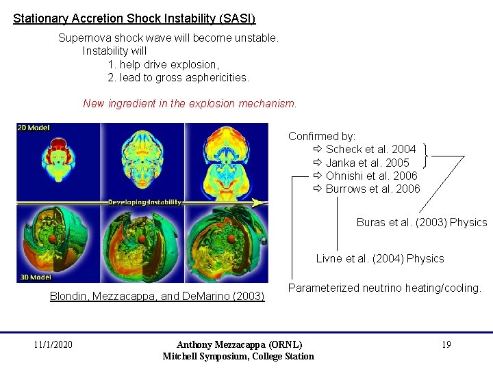 Stationary Accretion Shock Instability (SASI) Supernova shock wave will become unstable. Instability will 1.