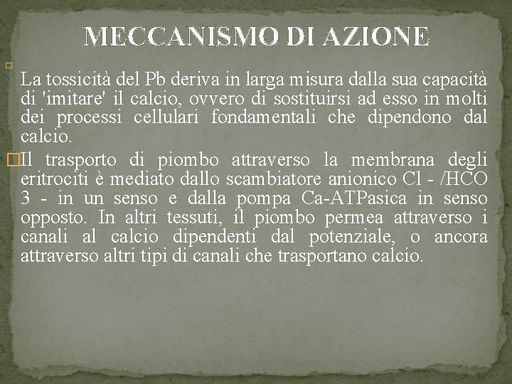 MECCANISMO DI AZIONE � La tossicità del Pb deriva in larga misura dalla sua