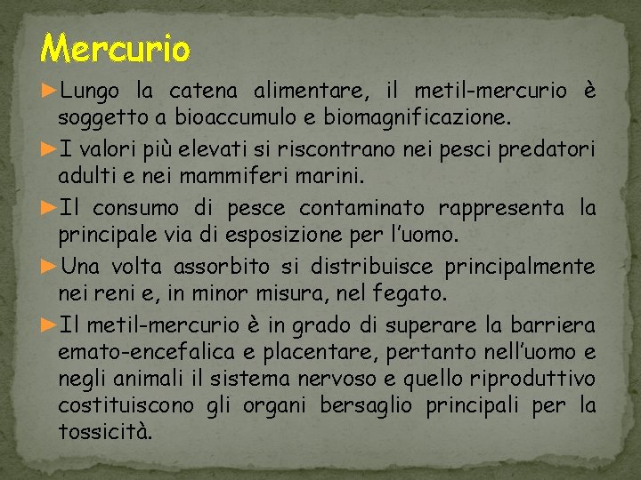 Mercurio ►Lungo la catena alimentare, il metil-mercurio è soggetto a bioaccumulo e biomagnificazione. ►I