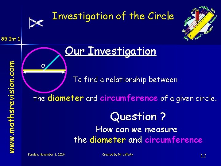 Investigation of the Circle S 5 Int 1 www. mathsrevision. com Our Investigation O