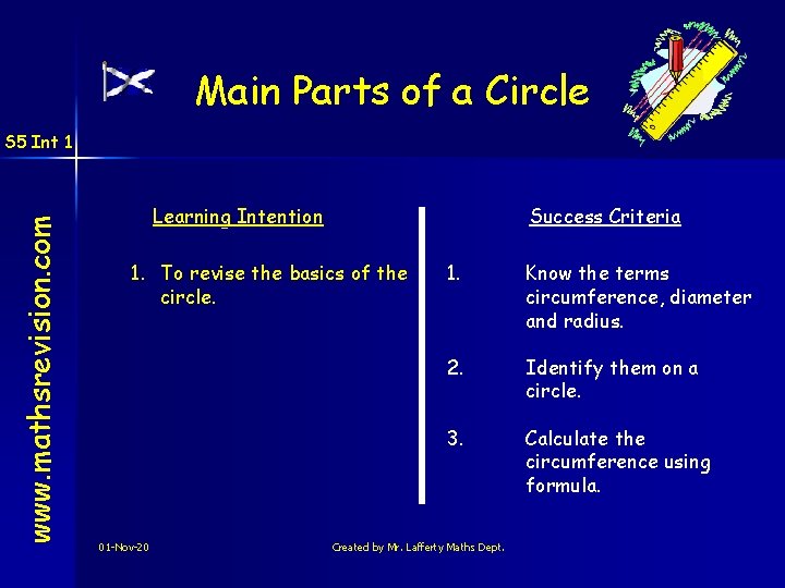 Main Parts of a Circle www. mathsrevision. com S 5 Int 1 Learning Intention