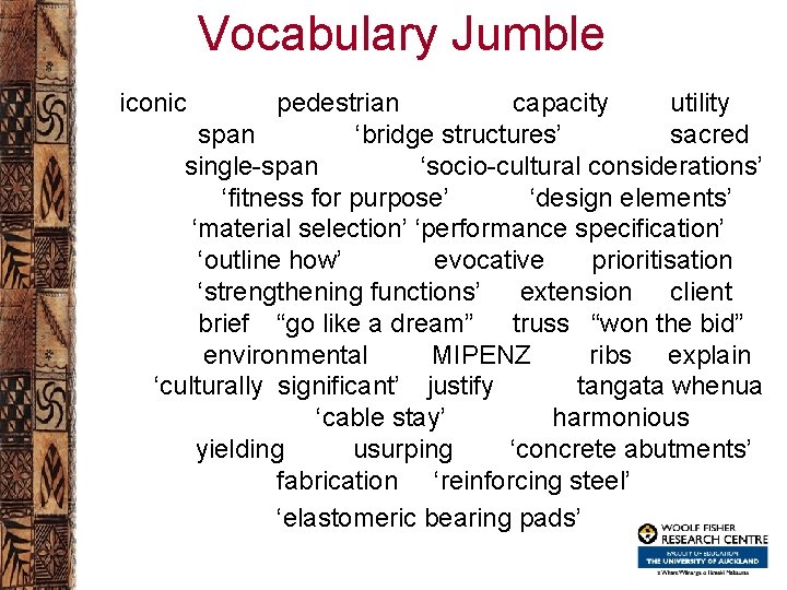 Vocabulary Jumble iconic pedestrian capacity utility span ‘bridge structures’ sacred single-span ‘socio-cultural considerations’ ‘fitness