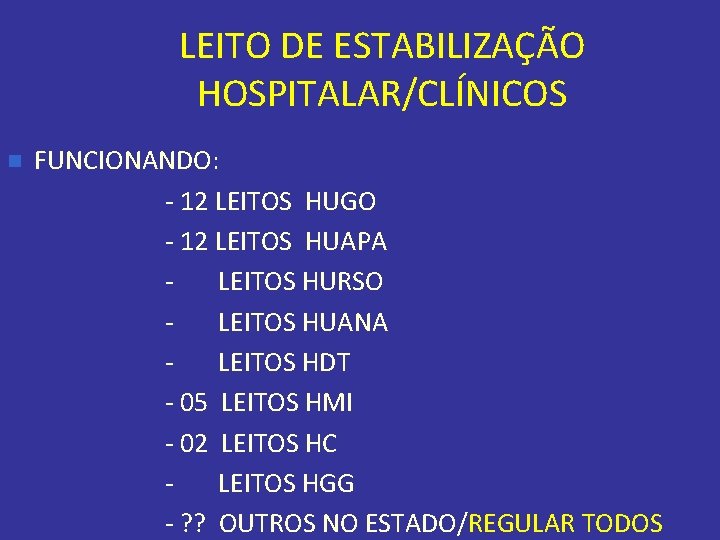 LEITO DE ESTABILIZAÇÃO HOSPITALAR/CLÍNICOS n FUNCIONANDO: - 12 LEITOS HUGO - 12 LEITOS HUAPA