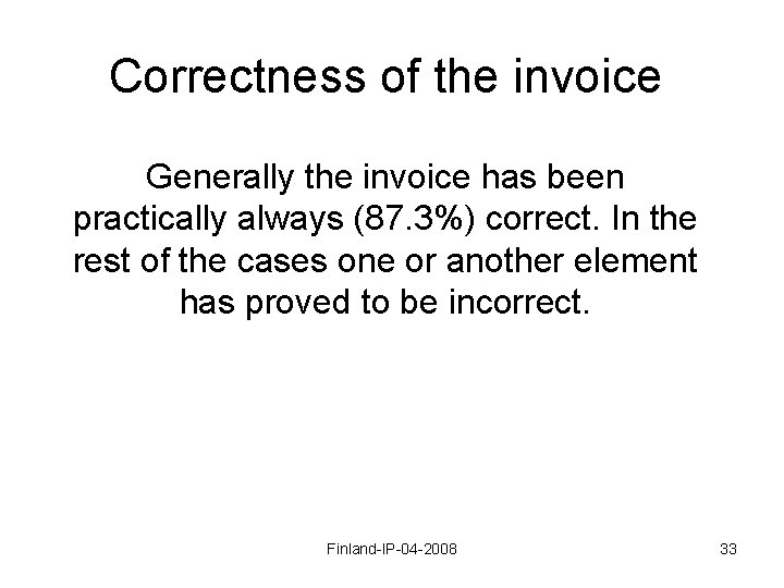 Correctness of the invoice Generally the invoice has been practically always (87. 3%) correct.