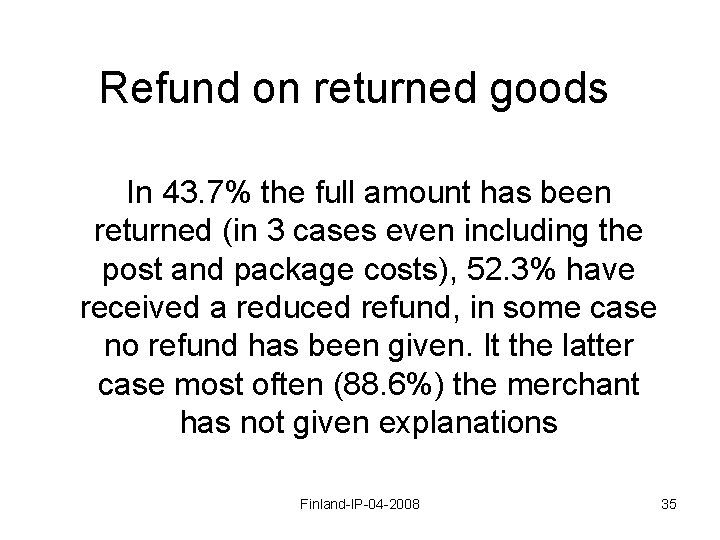 Refund on returned goods In 43. 7% the full amount has been returned (in