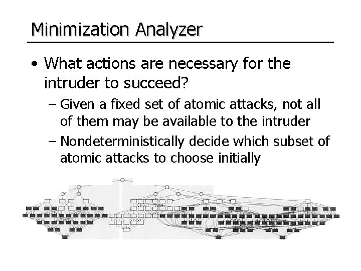 Minimization Analyzer • What actions are necessary for the intruder to succeed? – Given