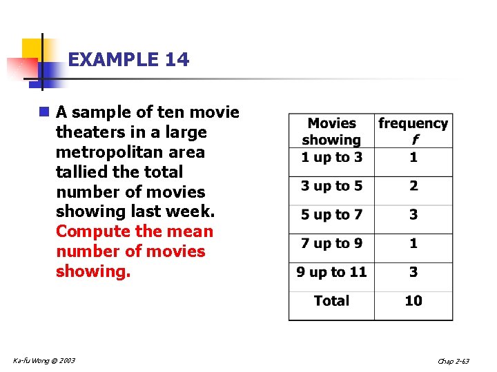 EXAMPLE 14 n A sample of ten movie theaters in a large metropolitan area