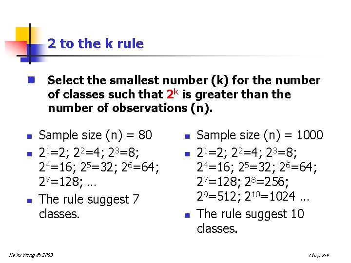 2 to the k rule n n Select the smallest number (k) for the