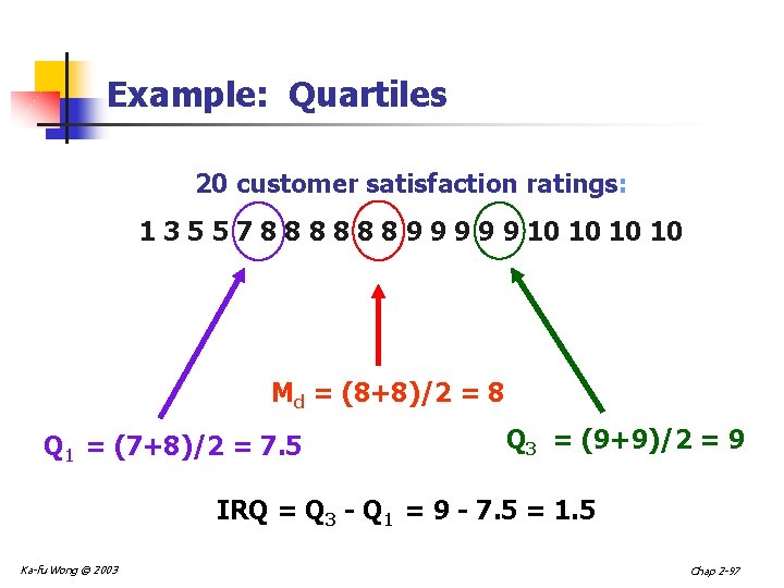Example: Quartiles 20 customer satisfaction ratings: 1 3 5 5 7 8 8 8