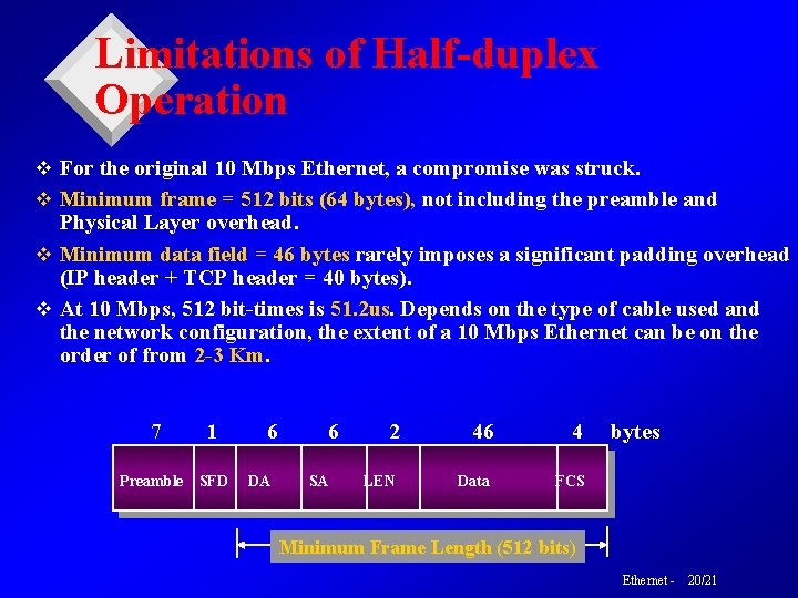 Limitations of Half-duplex Operation v For the original 10 Mbps Ethernet, a compromise was