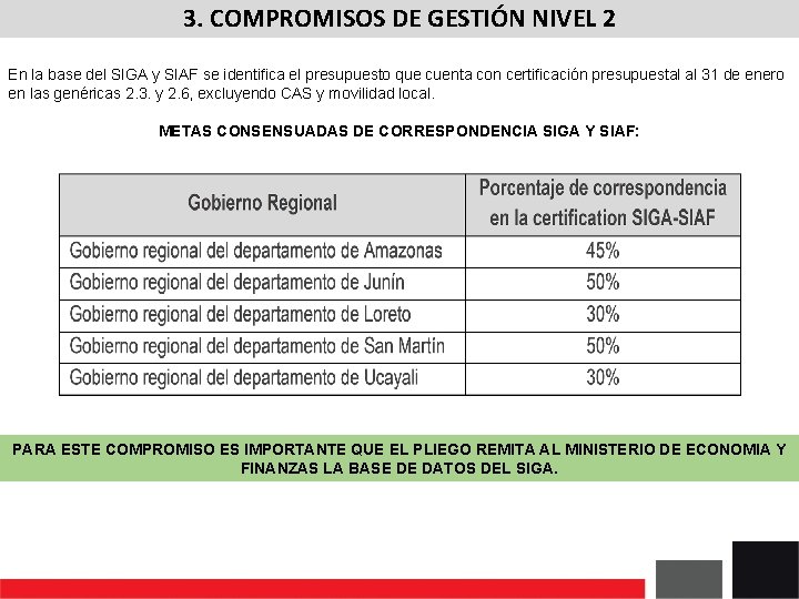 3. COMPROMISOS DE GESTIÓN NIVEL 2 En la base del SIGA y SIAF se