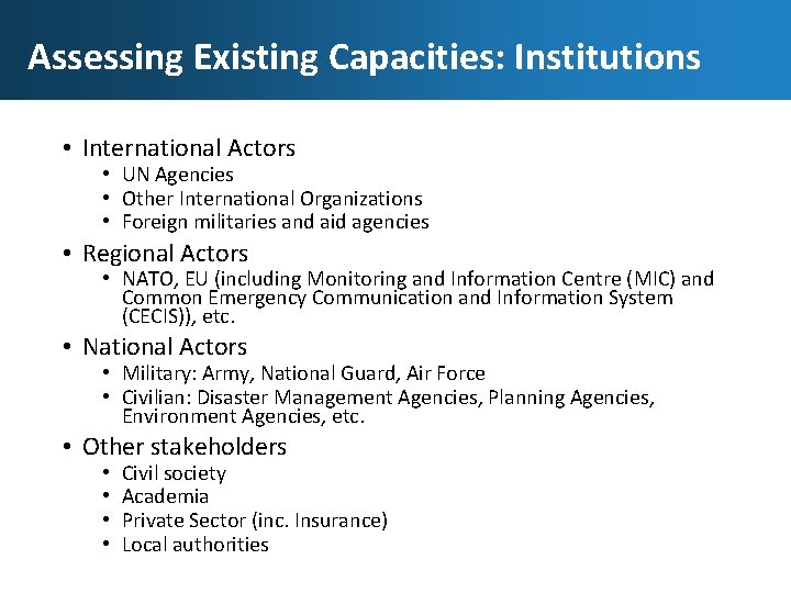 Assessing Existing Capacities: Institutions • International Actors • UN Agencies • Other International Organizations