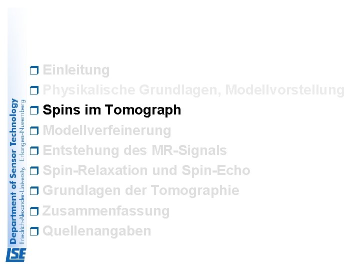 r Einleitung r Physikalische Grundlagen, Modellvorstellung r Spins im Tomograph r Modellverfeinerung r Entstehung