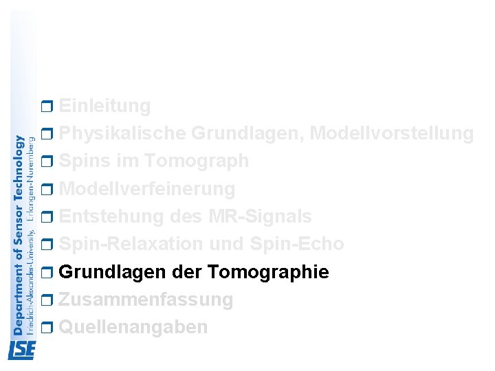 r Einleitung r Physikalische Grundlagen, Modellvorstellung r Spins im Tomograph r Modellverfeinerung r Entstehung