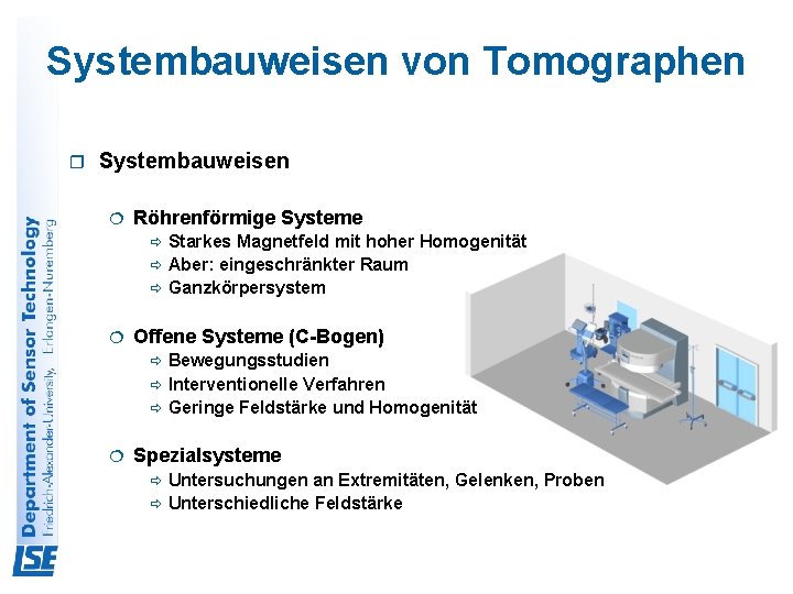 Systembauweisen von Tomographen r Systembauweisen ¦ Röhrenförmige Systeme Starkes Magnetfeld mit hoher Homogenität ð