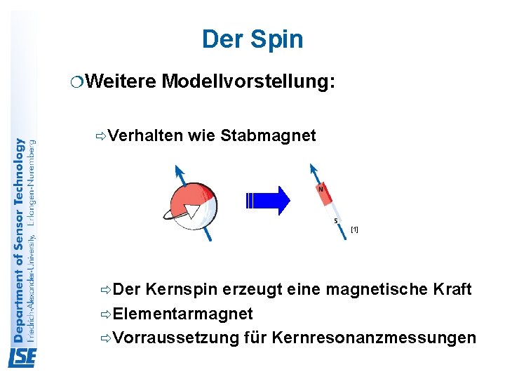 Der Spin ¦ Weitere Modellvorstellung: ðVerhalten wie Stabmagnet [1] ðDer Kernspin erzeugt eine magnetische