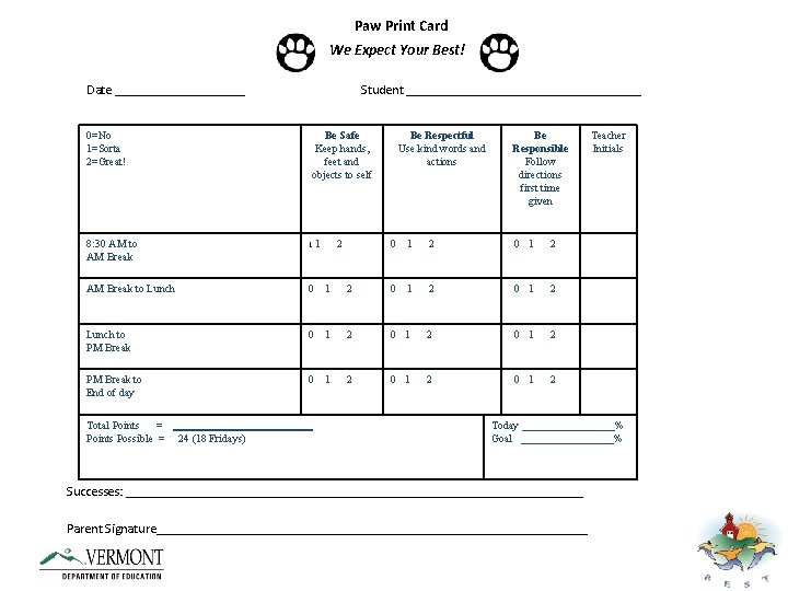 Paw Print Card We Expect Your Best! Date __________ 0=No 1=Sorta 2=Great! Student __________________
