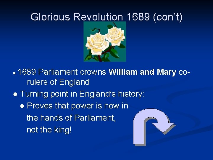 Glorious Revolution 1689 (con’t) ● 1689 Parliament crowns William and Mary corulers of England