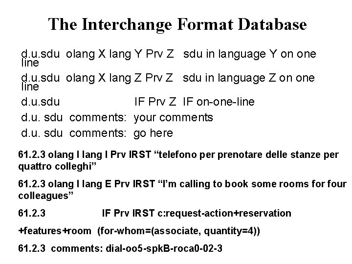 The Interchange Format Database d. u. sdu olang X lang Y Prv Z sdu