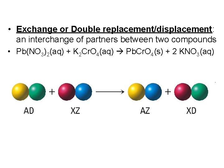  • Exchange or Double replacement/displacement: an interchange of partners between two compounds •