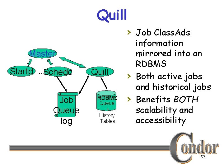 Quill › Job Class. Ads Master Startd …Schedd Job Queue log Quill RDBMS Queue