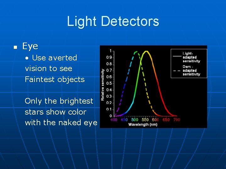 Light Detectors n Eye • Use averted vision to see Faintest objects Only the